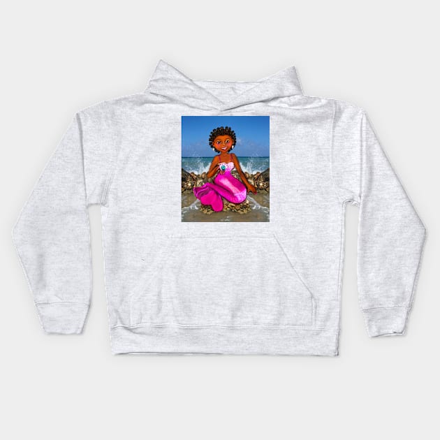 Mermaid Anime mermaid holding a rare black pearl,Afro hair in Bantu knots  and caramel brown skin - light background Kids Hoodie by Artonmytee